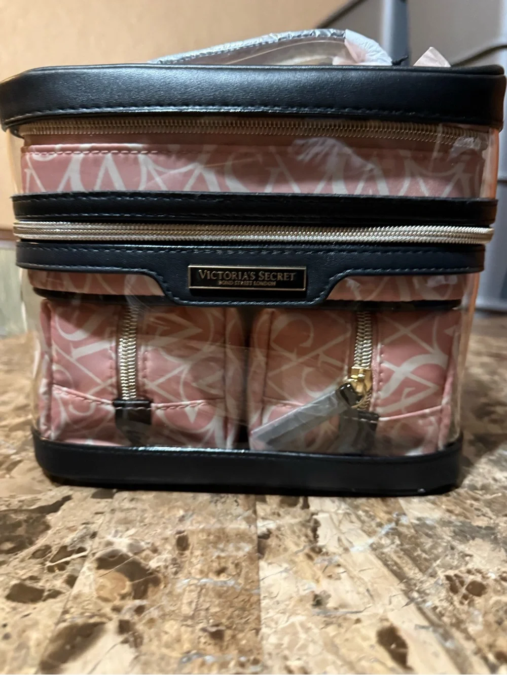 Victoria's Secret Pink Patterned Cosmetic Case with Black Trim